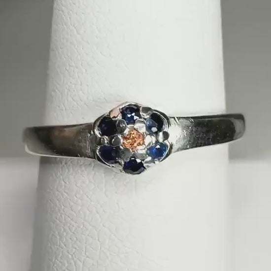Natural Blue and Gold Sapphire Daisy Halo Ring in Sterling Silver size 9