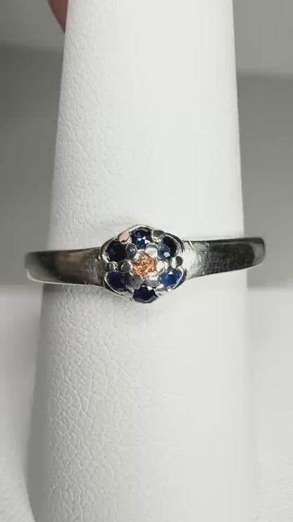 Natural Blue and Gold Sapphire Daisy Halo Ring in Sterling Silver size 9
