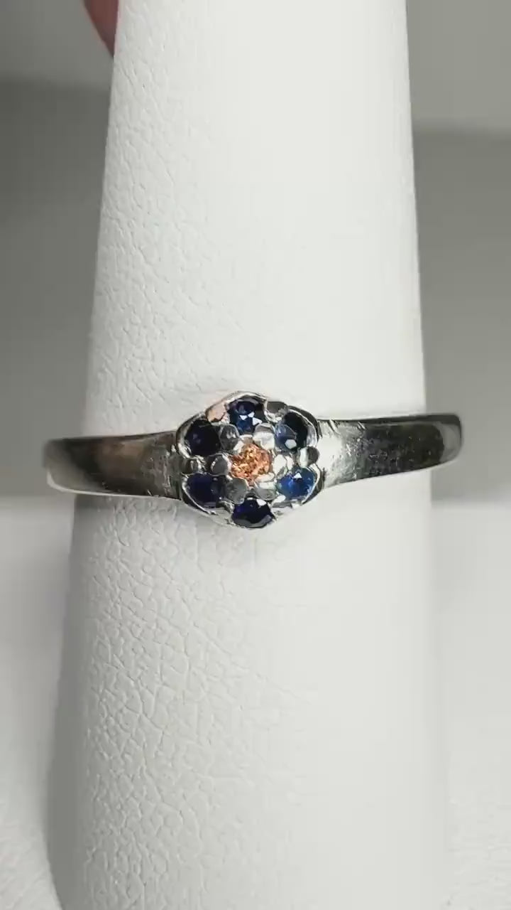 Natural Blue and Gold Sapphire Daisy Halo Ring in Sterling Silver size 9