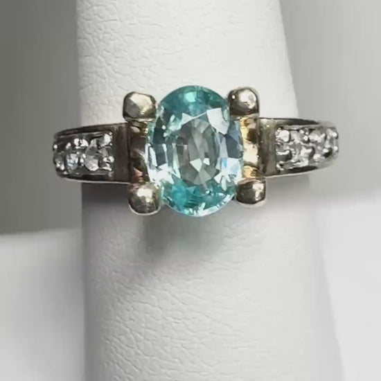 Natural Blue Zircon 8x6mm Oval  2 Tone Ring in Solid 14k Gold size 8.5