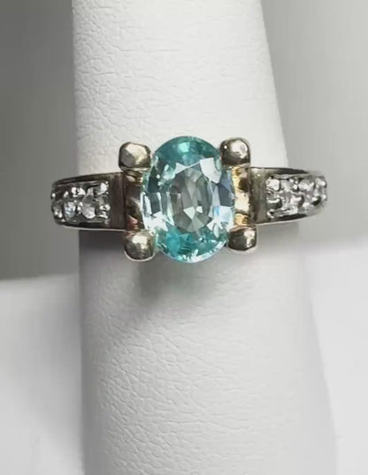 Natural Blue Zircon 8x6mm Oval  2 Tone Ring in Solid 14k Gold size 8.5