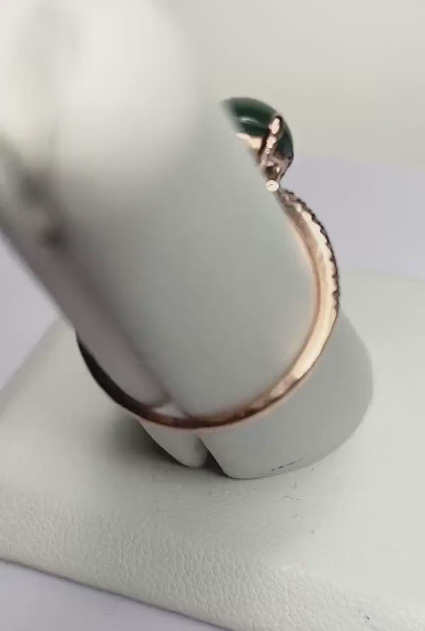 Untreated Teal Type A Jadeite Jade and Diamond Ring in Solid 14k Rose Gold size 6.25