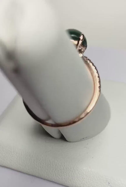 Untreated Teal Type A Jadeite Jade and Diamond Ring in Solid 14k Rose Gold size 6.25