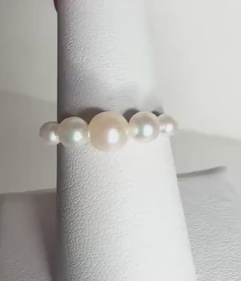 Adorable 18k Solid White Gold 5 Stone Japanese Akoya Cultured Pearl Band Ring size 7.5