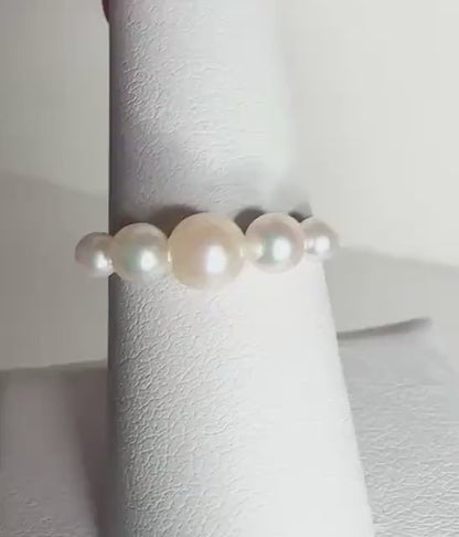 Adorable 18k Solid White Gold 5 Stone Japanese Akoya Cultured Pearl Band Ring size 7.5