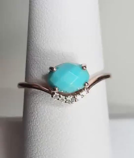 Arizona Sleeping Beauty Checkerboard Faceted Turquoise and Diamond Ring Solid 10k Rose Gold size 6.75