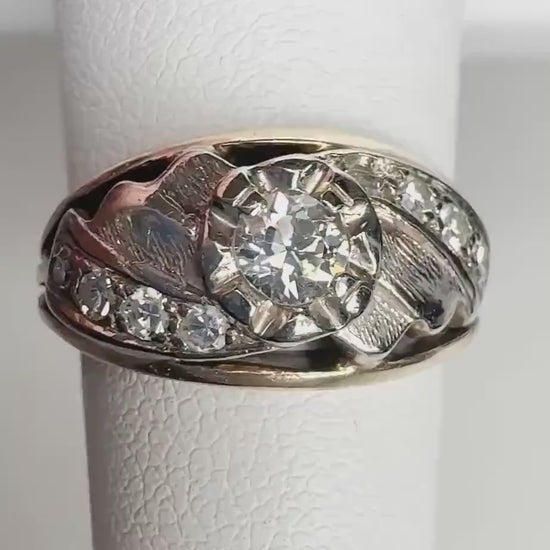 Mid Century Two Tone Diamond Engagement Wedding Band Ring in Solid 14k Gold size 5.5 PLEASE READ