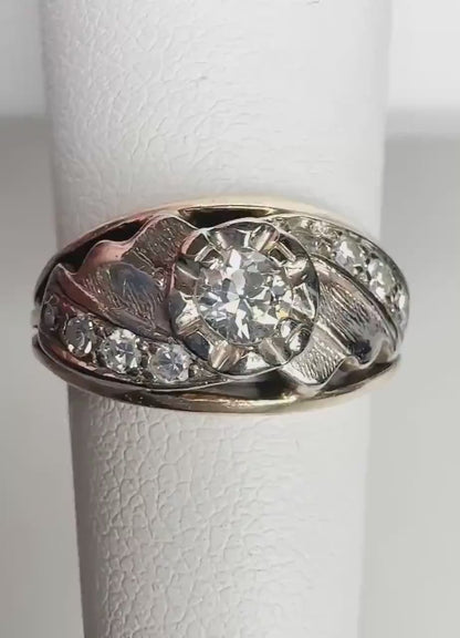 Mid Century Two Tone Diamond Engagement Wedding Band Ring in Solid 14k Gold size 5.5 PLEASE READ