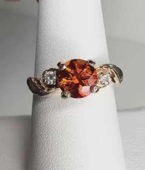 Madeira Citrine and Diamond Mid Century Floral Ring in Solid 14k Gold size 8