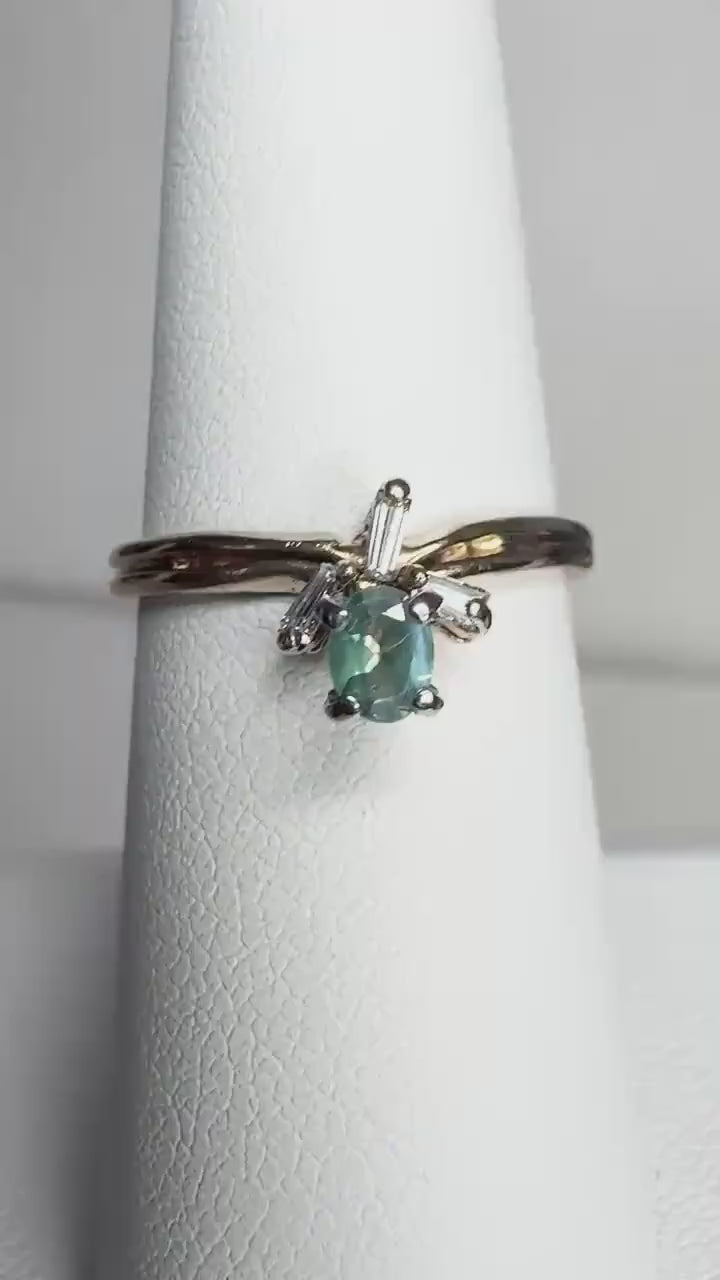 Natural Alexandrite and Baguette Diamond Ring in Solid 14k Gold size 6.25