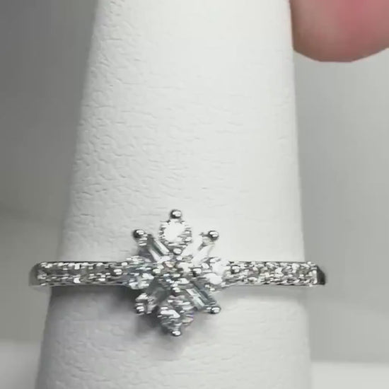 Baguette and Round Natural Diamond Starburst Design Ring in Solid 10k White Gold size 8.25