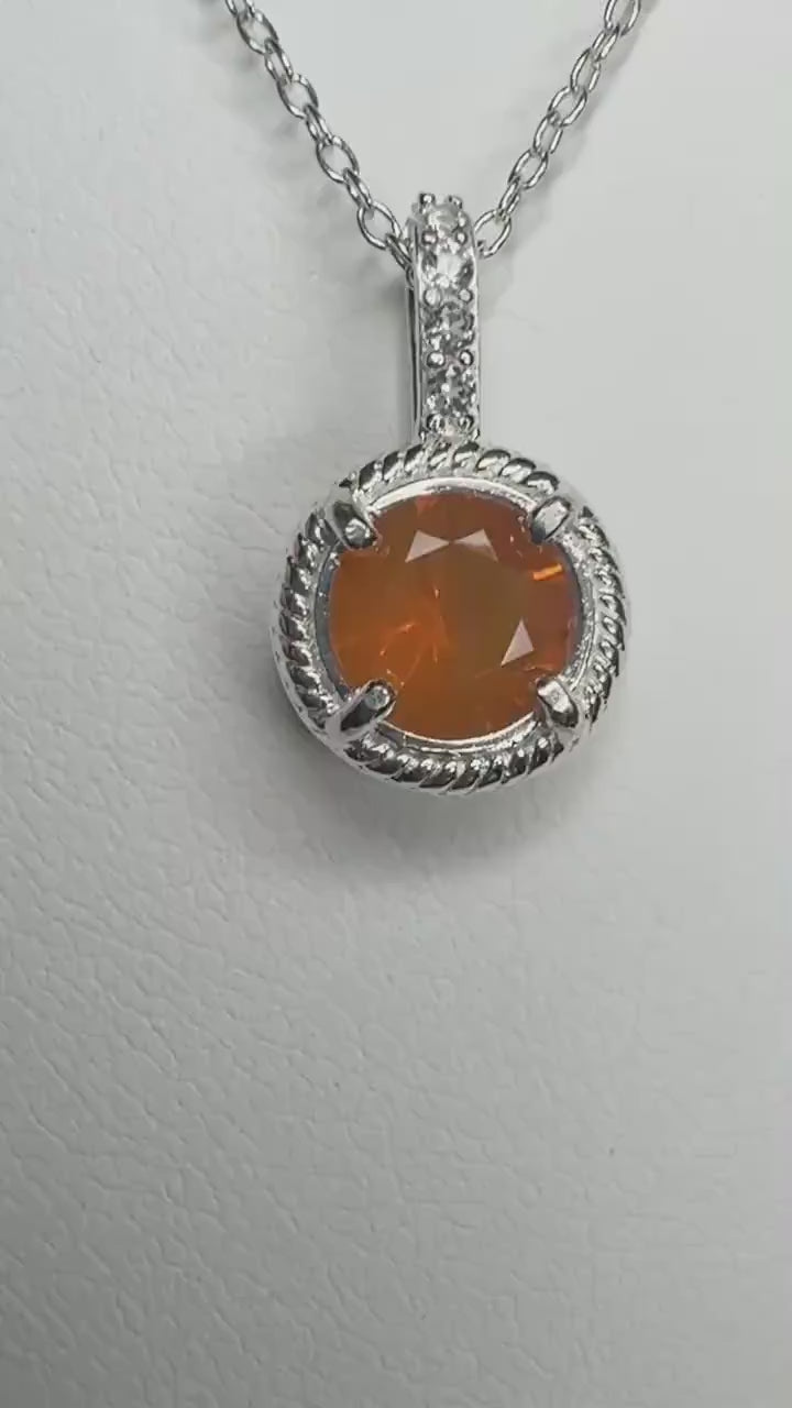 Oregon Fire Opal and White Topaz Pendant Necklace in Sterling Silver 18"