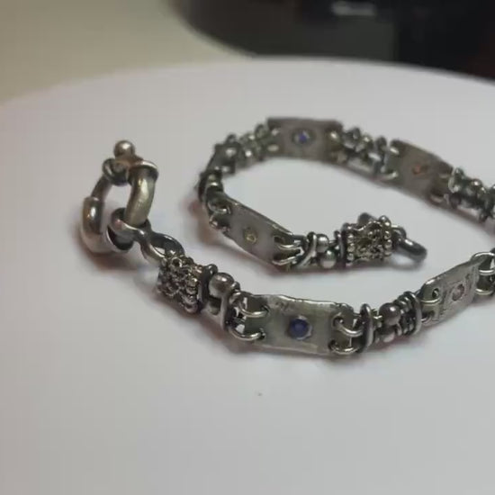 Multi color sapphire fine PMC silver and sterling hand forged station bracelet OOAK