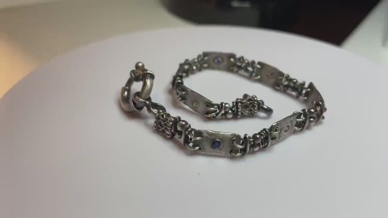 Multi color sapphire fine PMC silver and sterling hand forged station bracelet OOAK