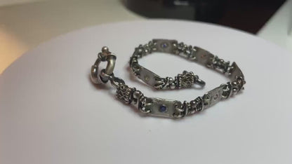 Multi color sapphire fine PMC silver and sterling hand forged station bracelet OOAK