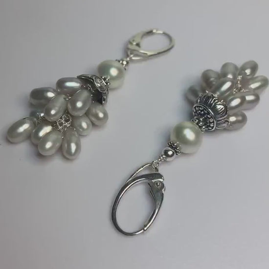 Multi silver and white freshwater pearl sterling silver dangle drop earrings with lever backs
