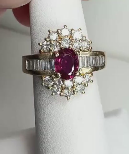 Stunning Hefty Ruby and Diamond Cocktail Style Ring Baguettes and Rounds in Solid 18k Gold 8.4g size 4.75
