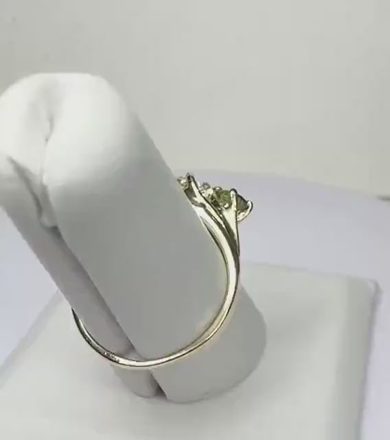 Vintage Natural European Cut Diamond and Demantoid Garnet 3 Stone Ring in Solid 10k Gold size 6.75