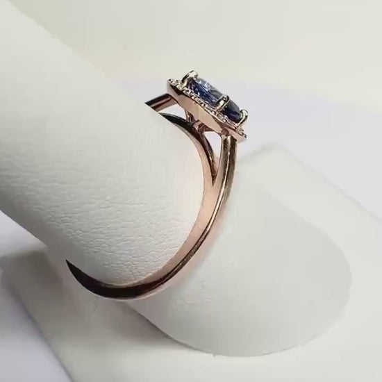 Tanzanite AAAA and Canadian Diamond Halo Stackable Ring in Solid 14k Rose Gold East West Set size 6.75