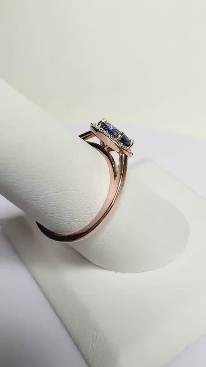 Tanzanite AAAA and Canadian Diamond Halo Stackable Ring in Solid 14k Rose Gold East West Set size 6.75