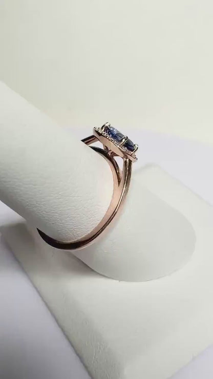 Tanzanite AAAA and Canadian Diamond Halo Stackable Ring in Solid 14k Rose Gold East West Set size 6.75