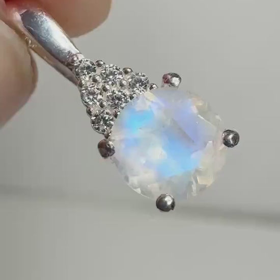 Rainbow Moonstone and Zircon Pendant Necklace in Sterling Silver 18"