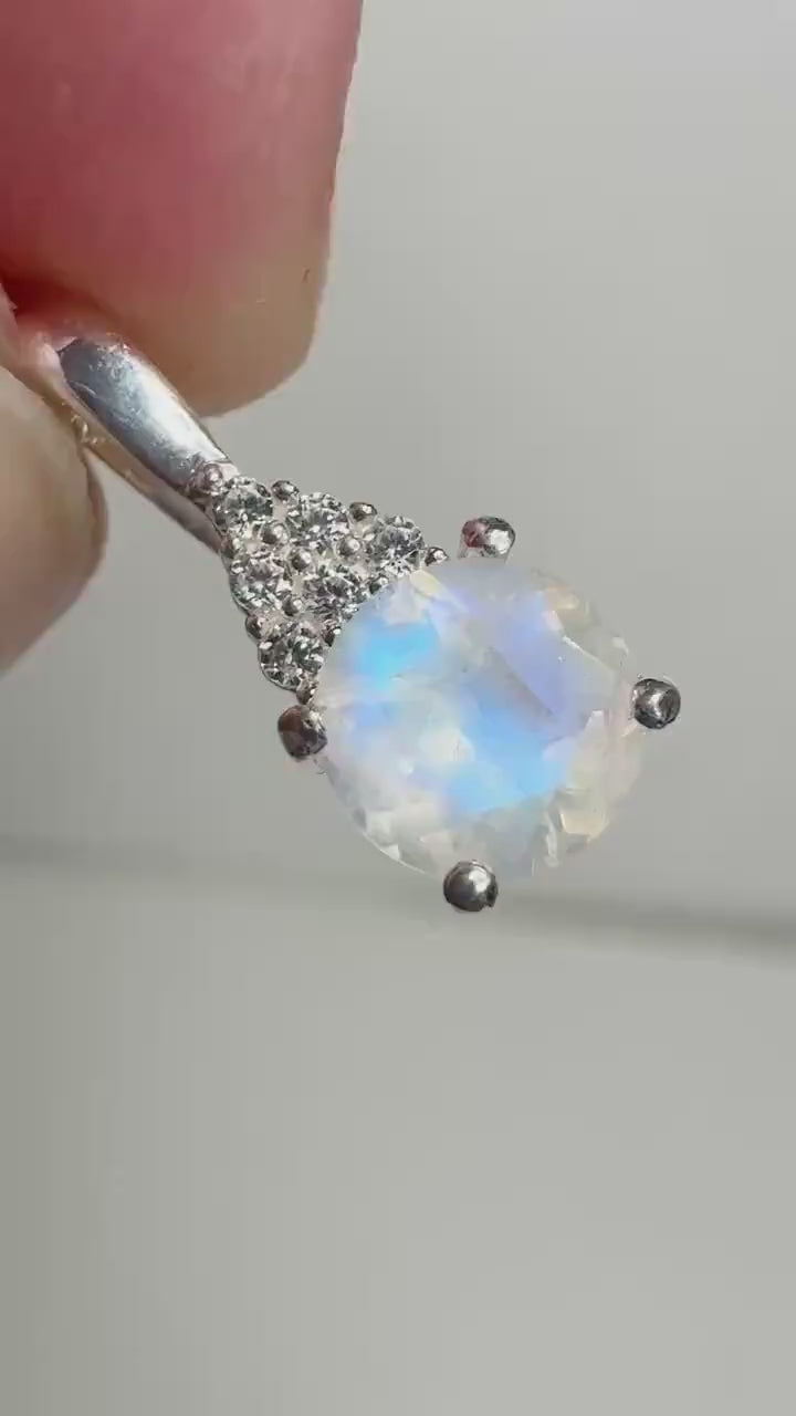 Rainbow Moonstone and Zircon Pendant Necklace in Sterling Silver 18"