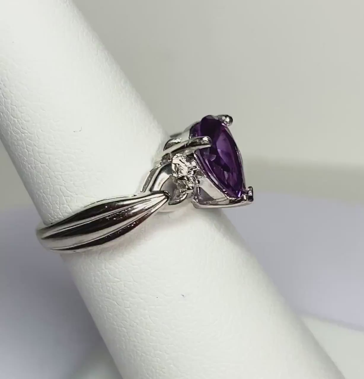 Solid 10k white gold ring Color Change Synthetic Sapphire pear tear with natural diamonds size 6