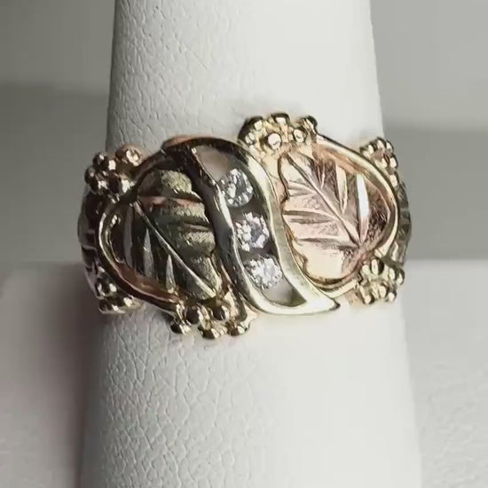 Black Hills Gold with Diamonds in Solid 10k Tri Color Gold .09ct size 9.75