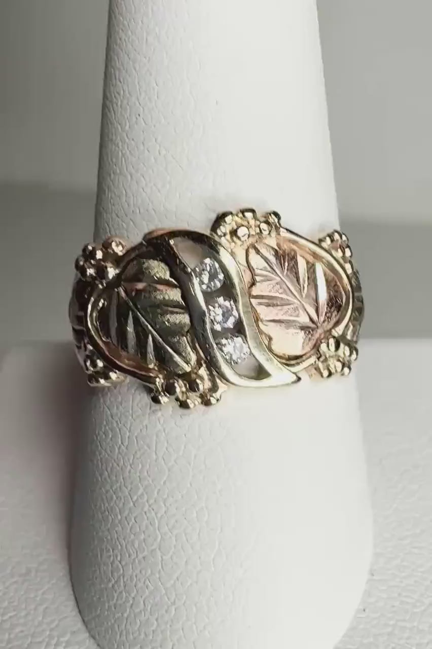 Black Hills Gold with Diamonds in Solid 10k Tri Color Gold .09ct size 9.75