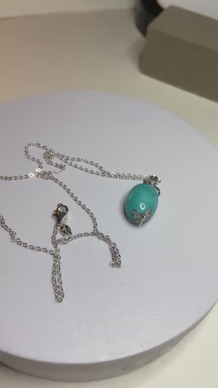 Peruvian Amazonite pendant or necklace in solid sterling silver with butterfly and floral ribbon motif