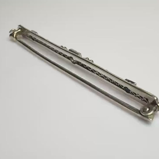 Antique Bar Brooch with a Natural Old Mine Cut diamond and Simulated Sapphires in Solid 10k White Gold