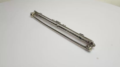 Antique Bar Brooch with a Natural Old Mine Cut diamond and Simulated Sapphires in Solid 10k White Gold