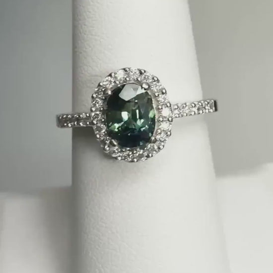 Stunning Bi-Color Sapphire and Diamond Halo Ring in Solid 10k White Gold size 7