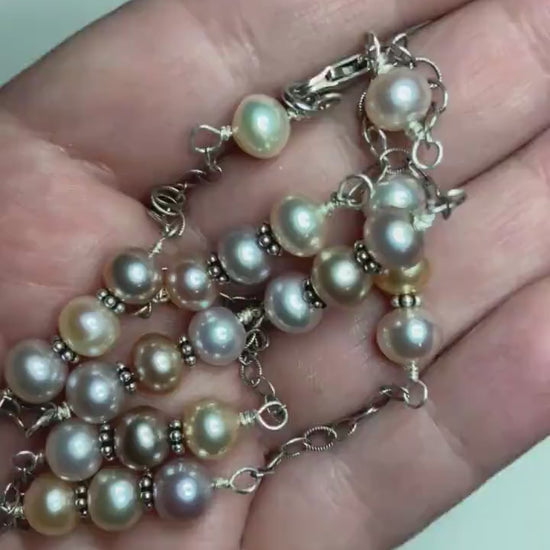 Freshwater multi color natural cultured pearl adjustable station necklace in solid sterling silver