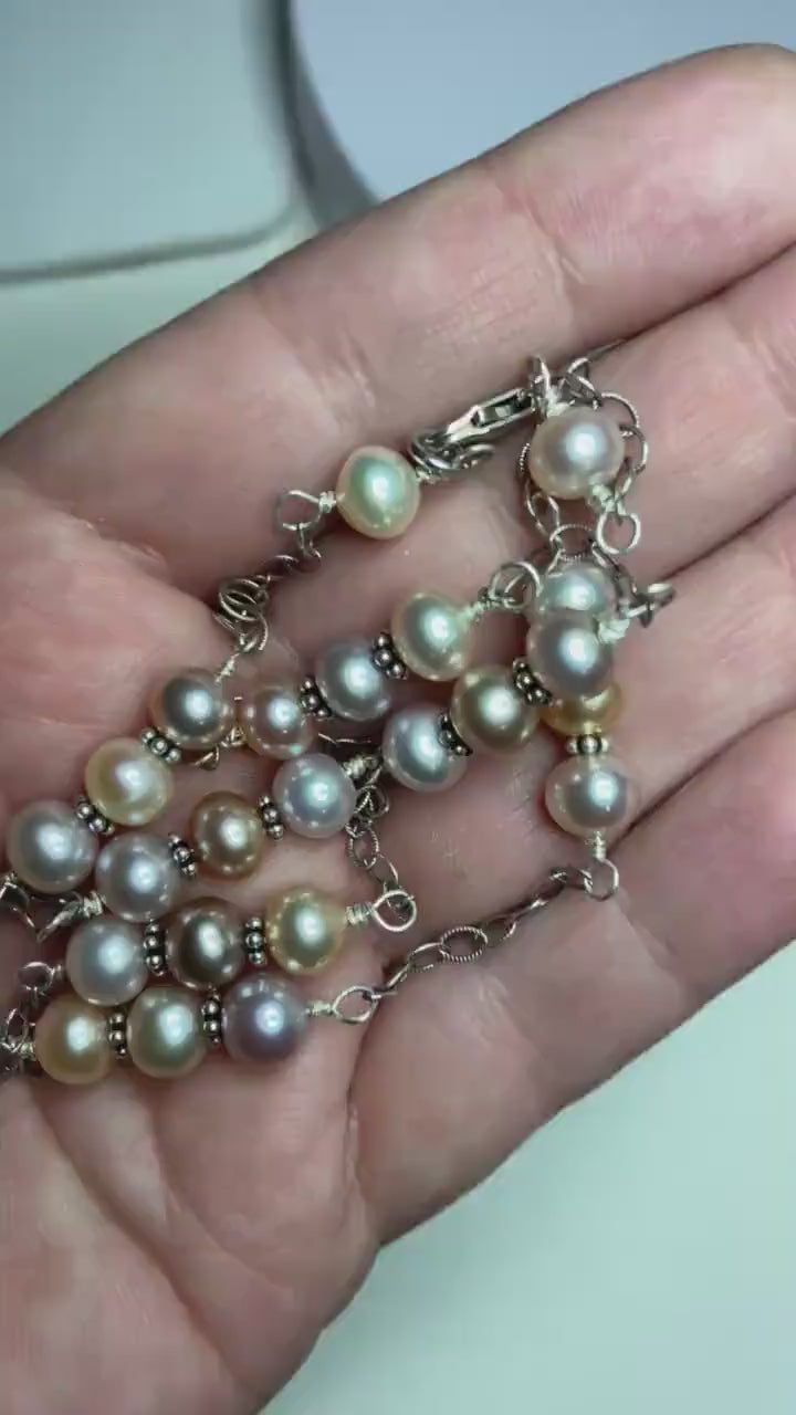 Freshwater multi color natural cultured pearl adjustable station necklace in solid sterling silver