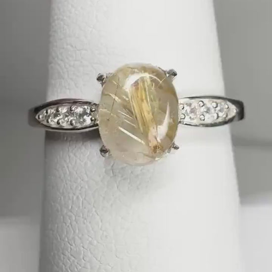 Rutilated Quartz and Zircon Ring in Sterling Silver size 7