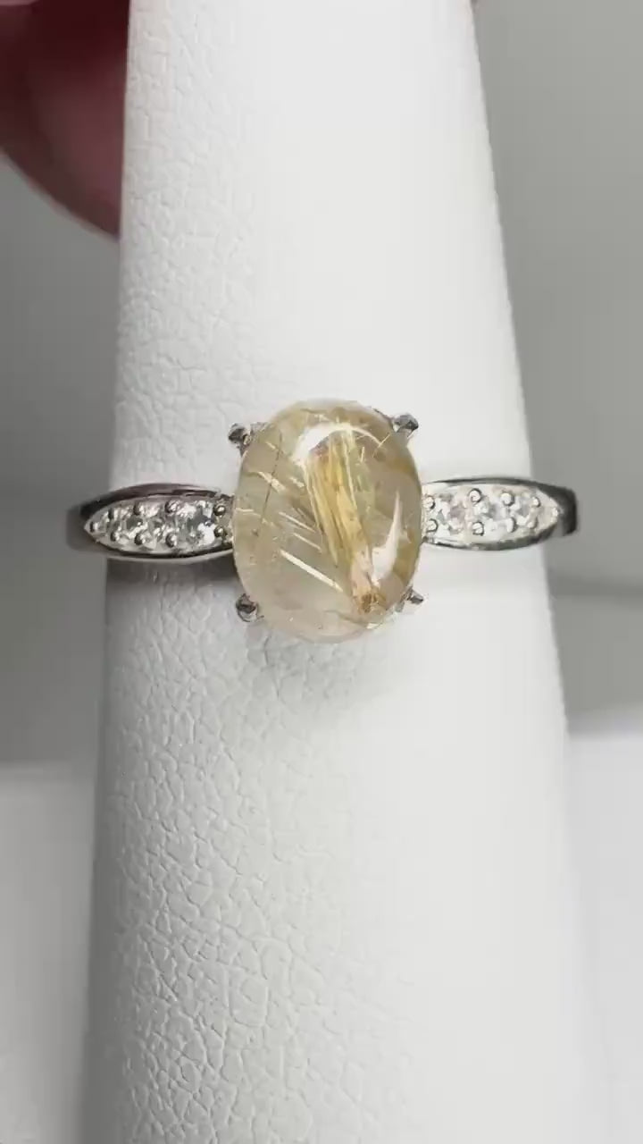 Rutilated Quartz and Zircon Ring in Sterling Silver size 7