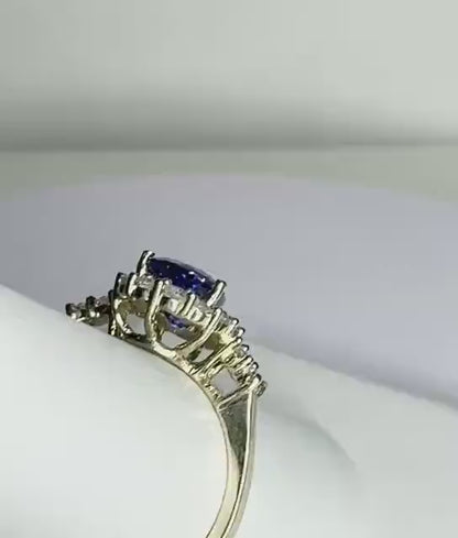 Natural Pear Tanzanite and Diamond Halo Ring Solid 14k Gold Ring size 6.25