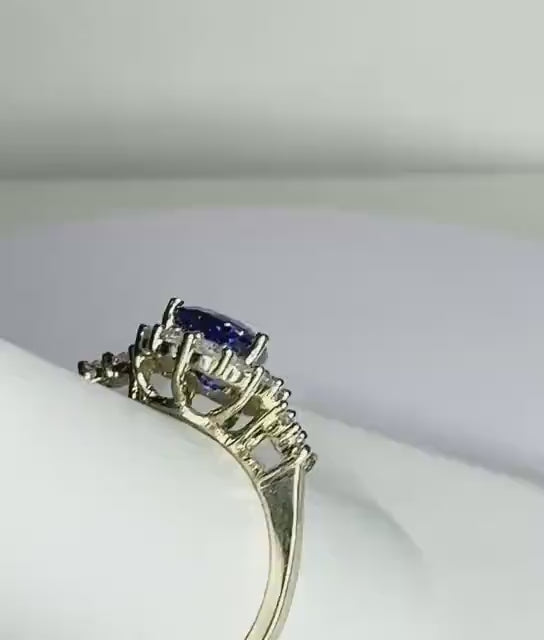 Natural Pear Tanzanite and Diamond Halo Ring Solid 14k Gold Ring size 6.25