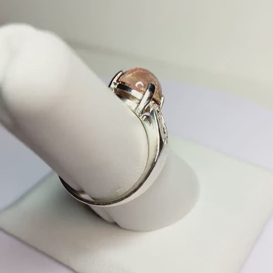 Oregon Sunstone round cabochon filigree band ring in sterling silver size 6.75