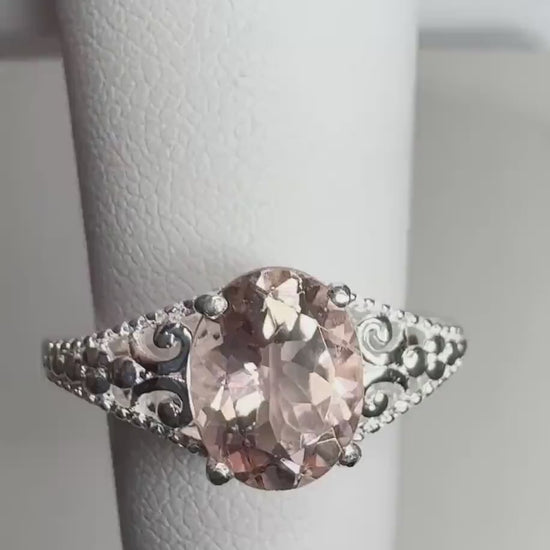 Beautiful Morganite in ornate Sterling Silver Ring Setting size 5