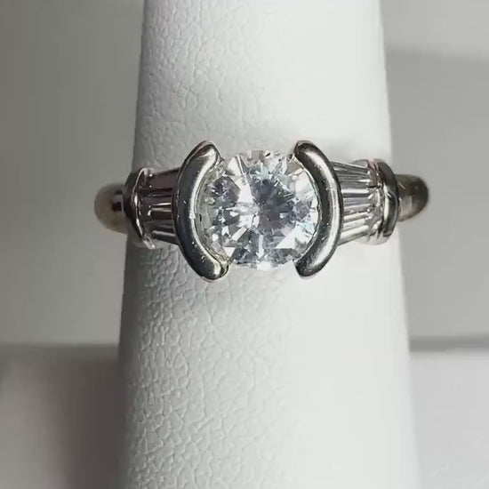 Half Bezel Set Natural Diamond Solitaire Ring With Channel Set Baguettes in Solid 14k Gold 2 Tone size 6.5