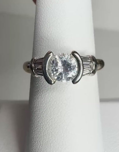 Half Bezel Set Natural Diamond Solitaire Ring With Channel Set Baguettes in Solid 14k Gold 2 Tone size 6.5