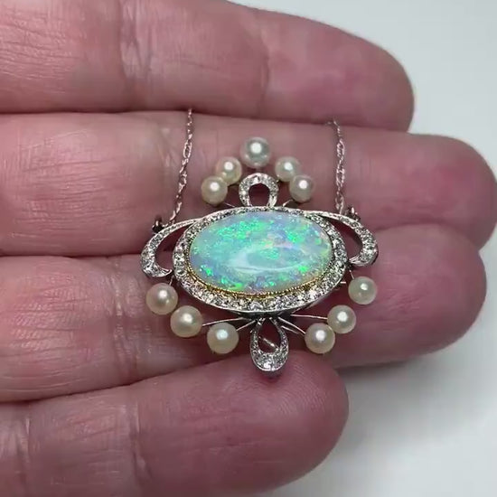 Edwardian Opal Pearl Diamond Brooch Pendant Necklace Solid Platinum, 18k and 14k Gold PLEASE READ