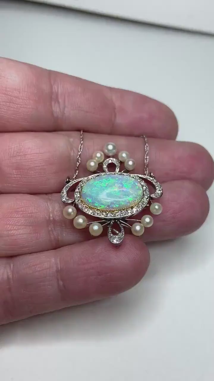 Edwardian Opal Pearl Diamond Brooch Pendant Necklace Solid Platinum, 18k and 14k Gold PLEASE READ