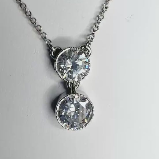 Custom Double Solitaire Natural Diamond Necklace in Solid 14k White Gold Adjustable Chain 16-18"