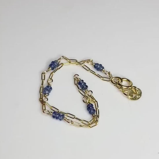 Untreated Vilotish-Blue Burmese Sapphires Beaded Paperclip Chain Bracelet Solid 14k Gold
