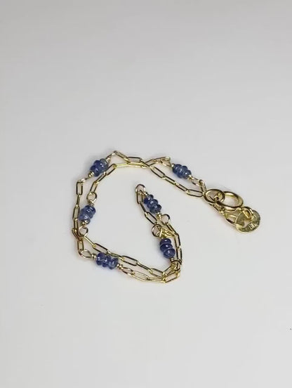 Untreated Vilotish-Blue Burmese Sapphires Beaded Paperclip Chain Bracelet Solid 14k Gold
