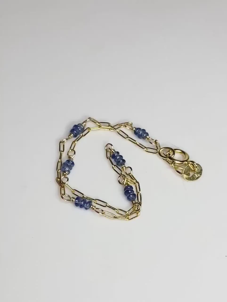 Untreated Vilotish-Blue Burmese Sapphires Beaded Paperclip Chain Bracelet Solid 14k Gold